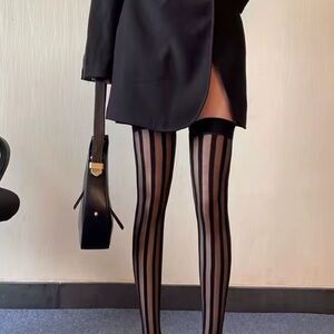 Black Striped Thigh High Stockings